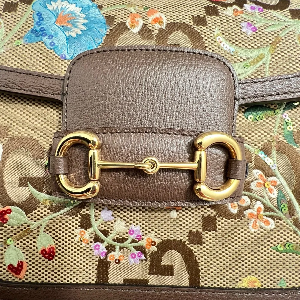 GUCCI Jumbo GG Floral Embroidered 1955 Authentic Horsebit Shoulder Bag - Picture 7 of 10